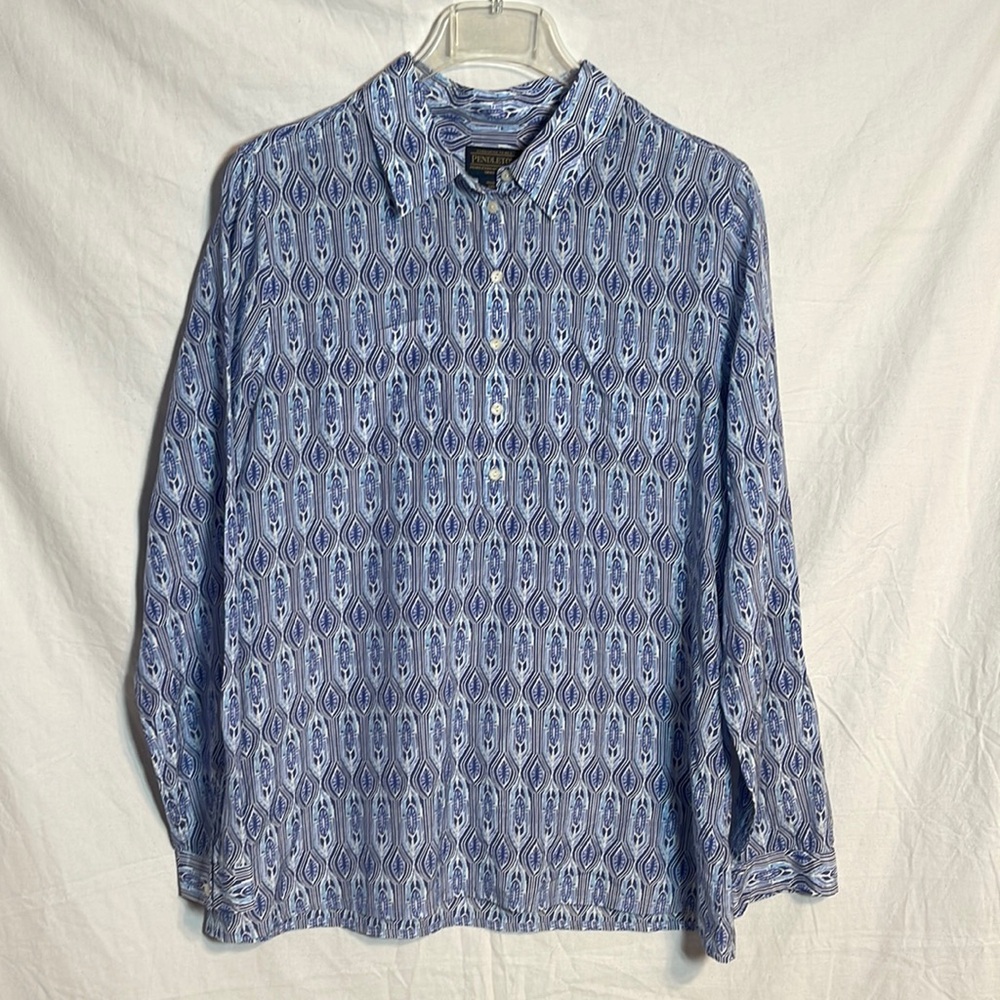 Pendleton Half Button Front Shirt Large Blue Cott… - image 1